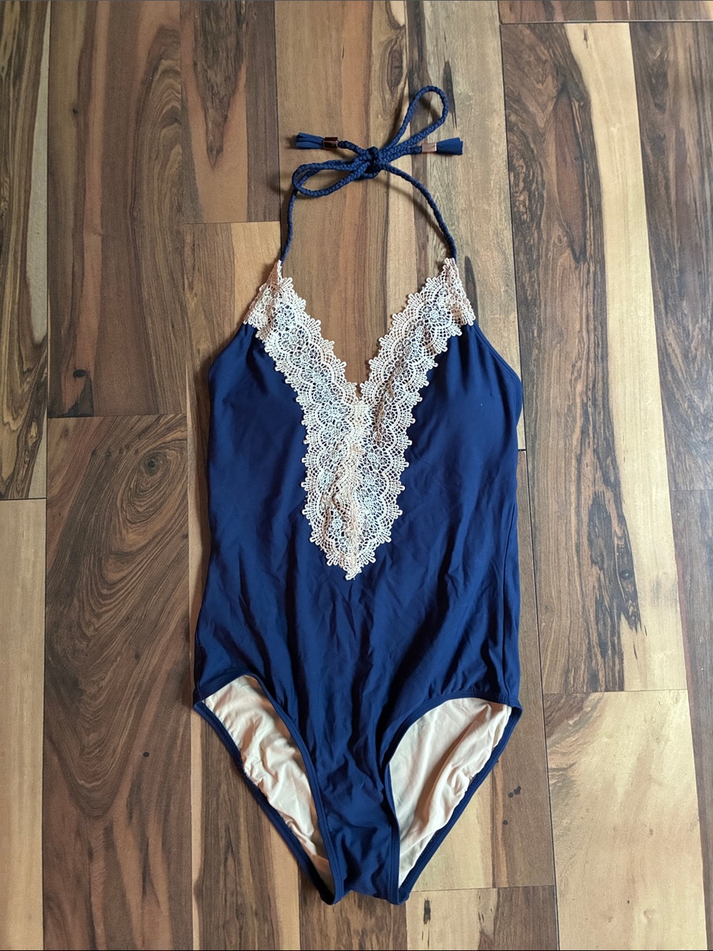 Navy One-Piece Swimsuit with Cream Lace Trim